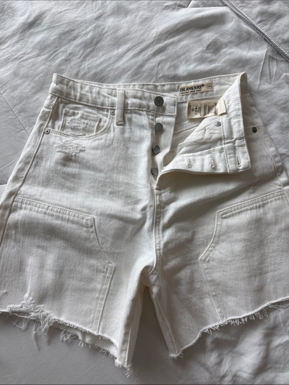 Blank NYC White High-Rise Distressed Denim Shorts